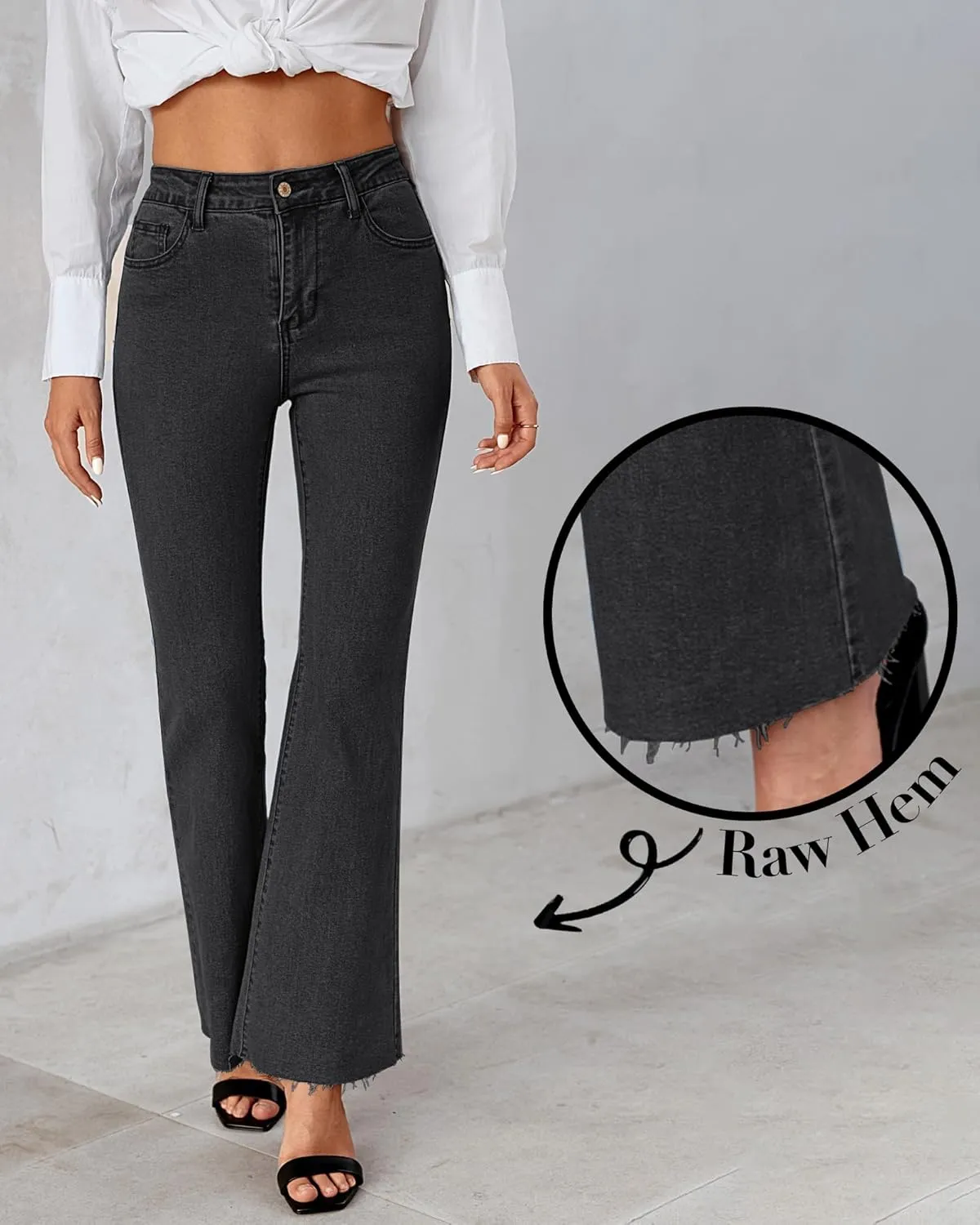 GRAPENT Wide Leg Jeans for Women Trendy High Waisted Flare Stretchy Bell Bottom Denim Pants Baggy Raw Hem Trouser Jeans