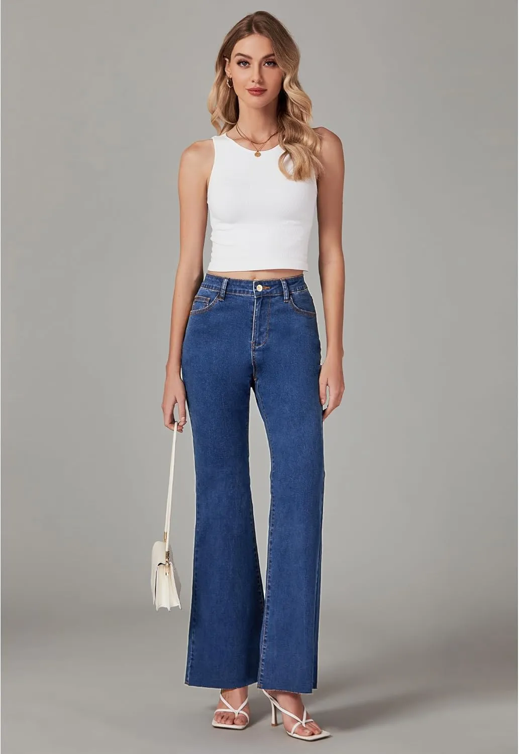 GRAPENT Wide Leg Jeans for Women Trendy High Waisted Flare Stretchy Bell Bottom Denim Pants Baggy Raw Hem Trouser Jeans
