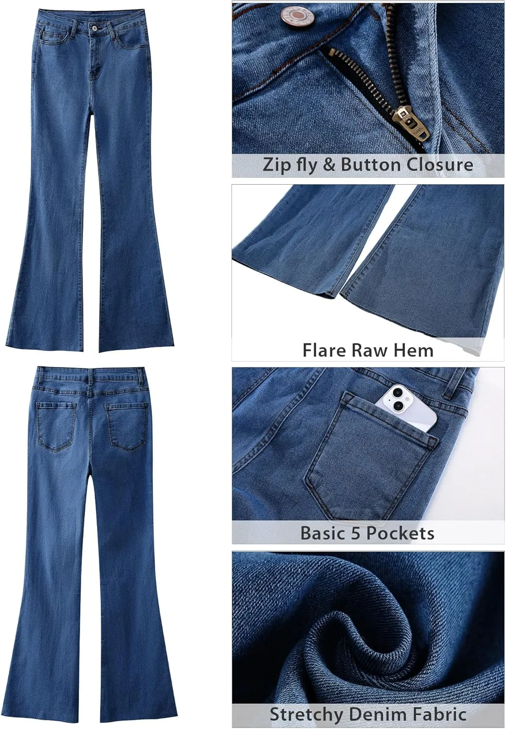 GRAPENT Wide Leg Jeans for Women Trendy High Waisted Flare Stretchy Bell Bottom Denim Pants Baggy Raw Hem Trouser Jeans