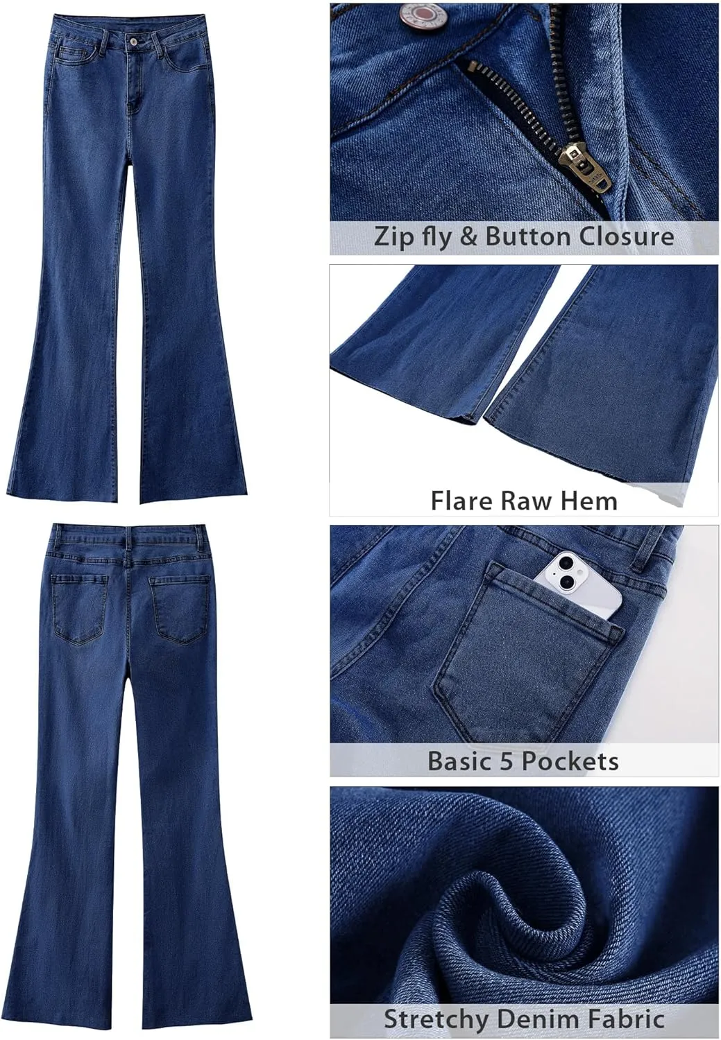 GRAPENT Wide Leg Jeans for Women Trendy High Waisted Flare Stretchy Bell Bottom Denim Pants Baggy Raw Hem Trouser Jeans