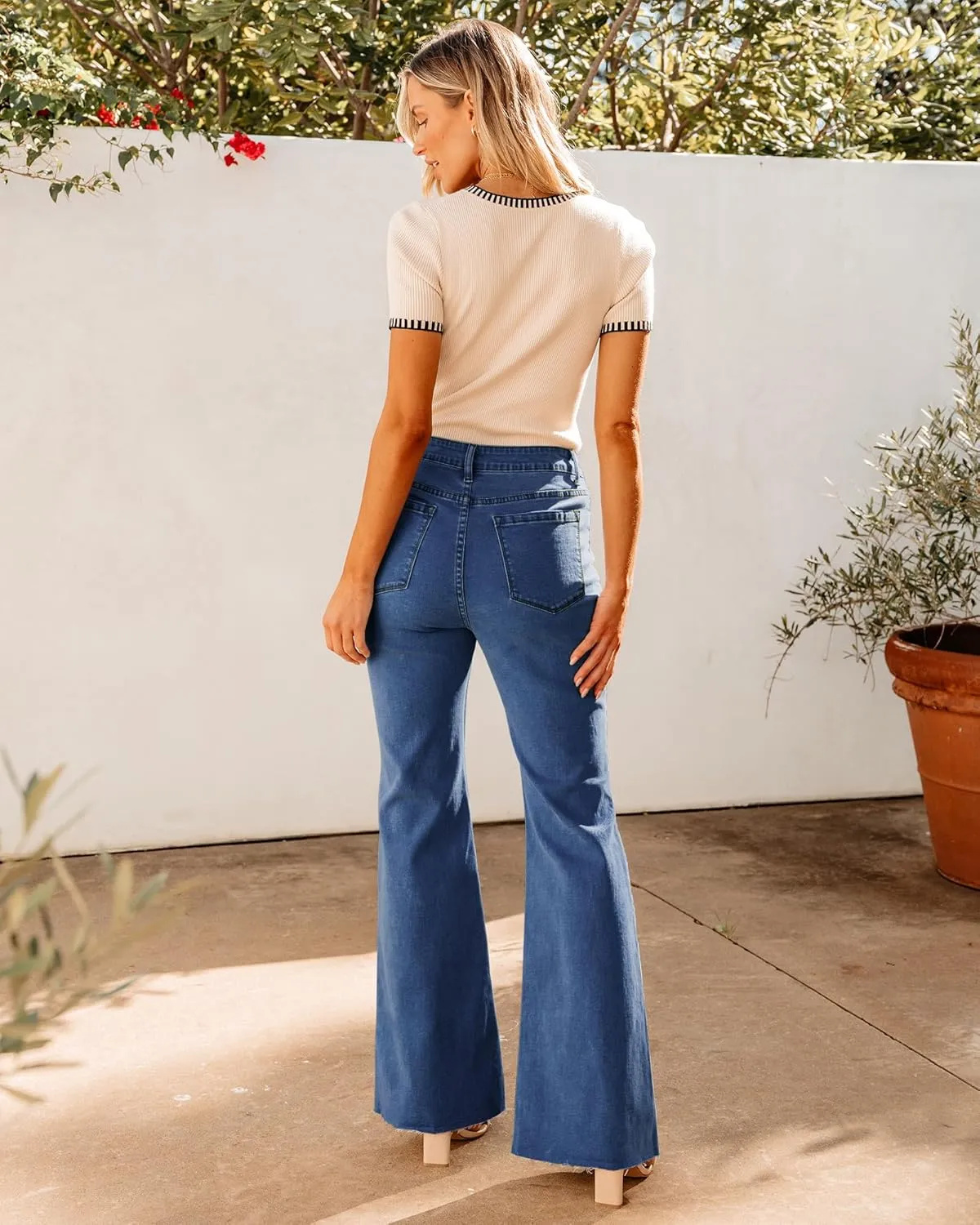GRAPENT Wide Leg Jeans for Women Trendy High Waisted Flare Stretchy Bell Bottom Denim Pants Baggy Raw Hem Trouser Jeans