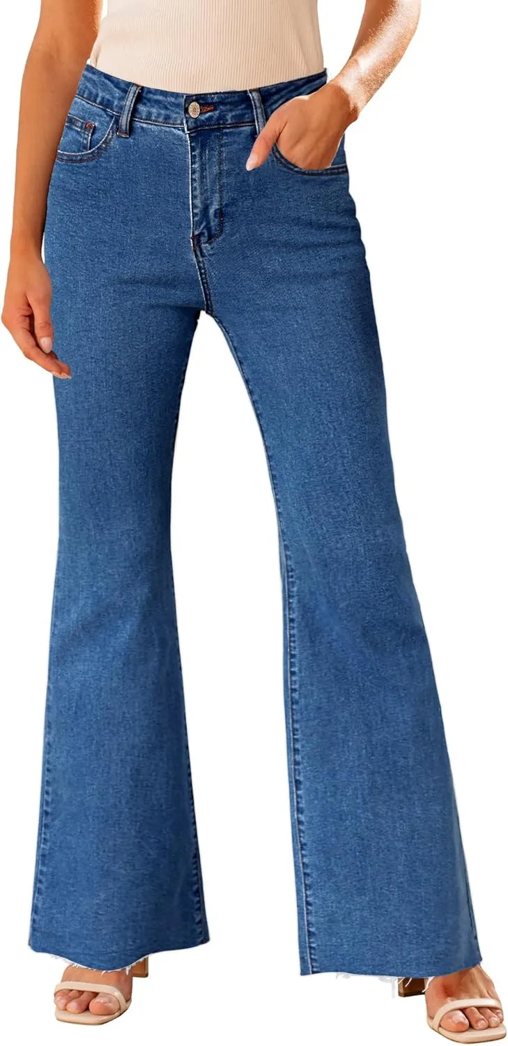 GRAPENT Wide Leg Jeans for Women Trendy High Waisted Flare Stretchy Bell Bottom Denim Pants Baggy Raw Hem Trouser Jeans