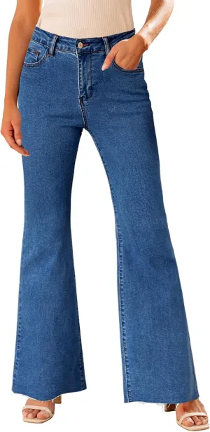 GRAPENT Wide Leg Jeans for Women Trendy High Waisted Flare Stretchy Bell Bottom Denim Pants Baggy Raw Hem Trouser Jeans