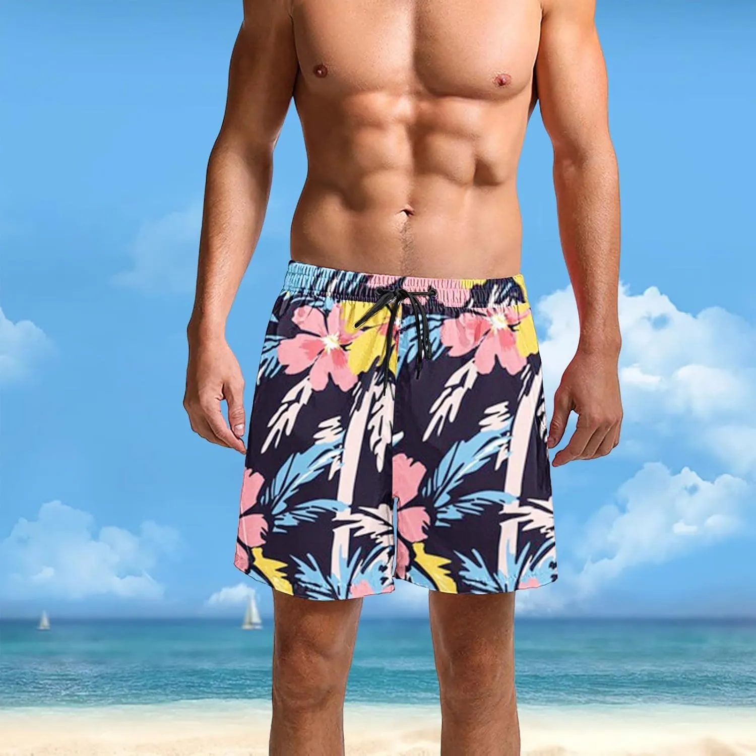 Hawaii Shorts for Men Fashion Printed Elastic Waist Drawstring Lounge Pant Loose Fit Lightweight Beach Surfing Shorts