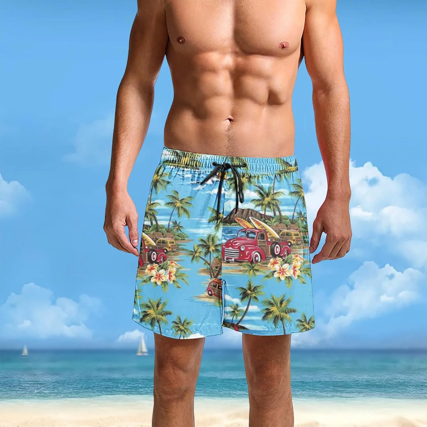 Hawaii Shorts for Men Fashion Printed Elastic Waist Drawstring Lounge Pant Loose Fit Lightweight Beach Surfing Shorts