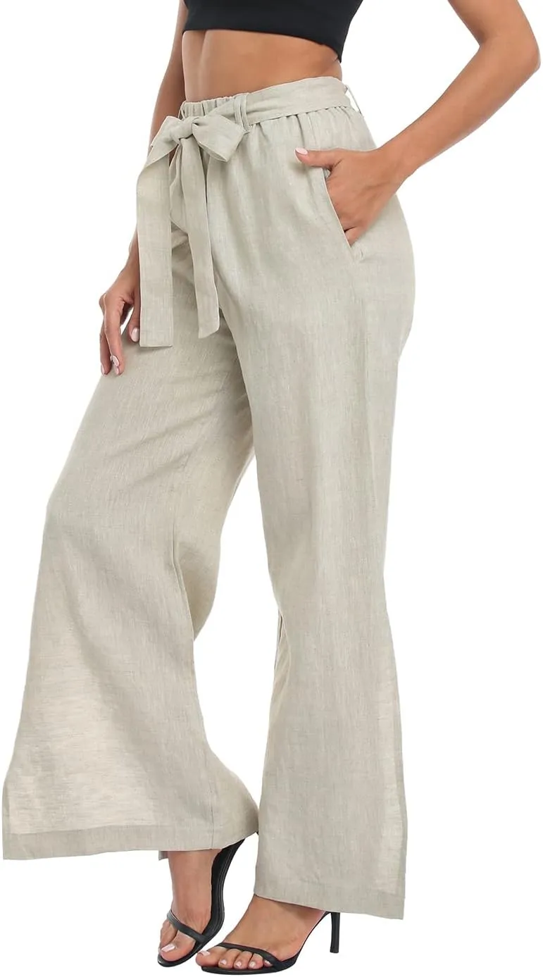 HDE Women's Linen Wide Leg Palazzo Pants Paperbag Flowy Boho Pant with Pockets