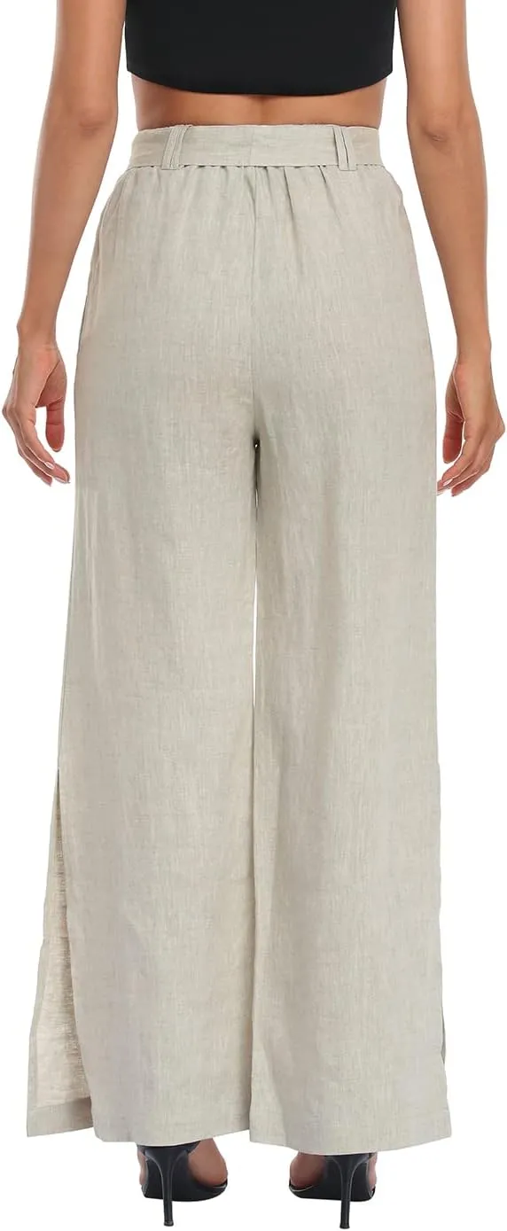 HDE Women's Linen Wide Leg Palazzo Pants Paperbag Flowy Boho Pant with Pockets