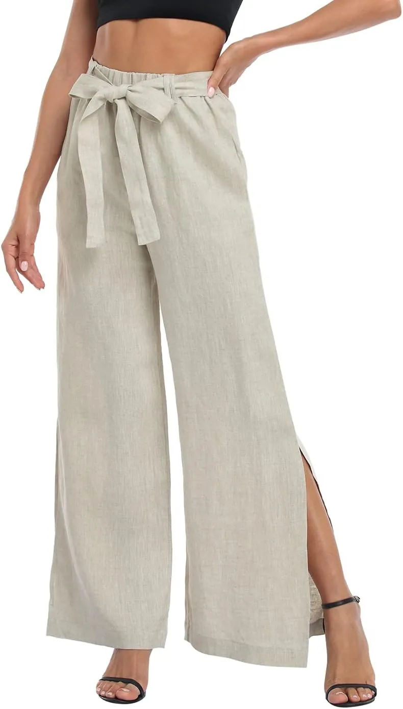 HDE Women's Linen Wide Leg Palazzo Pants Paperbag Flowy Boho Pant with Pockets