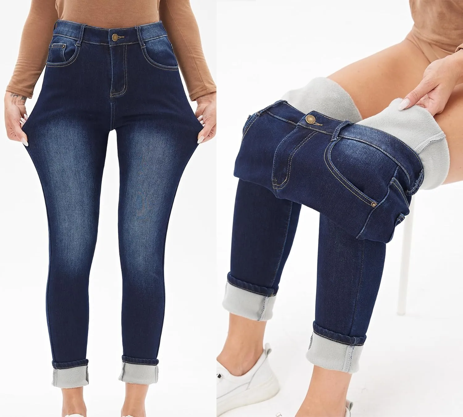 heipeiwa Women's Winter Jeans Fleece Lined Jeans Flannel Thermal Thick Skinny Denim Pants Stretch Warm Jeggings