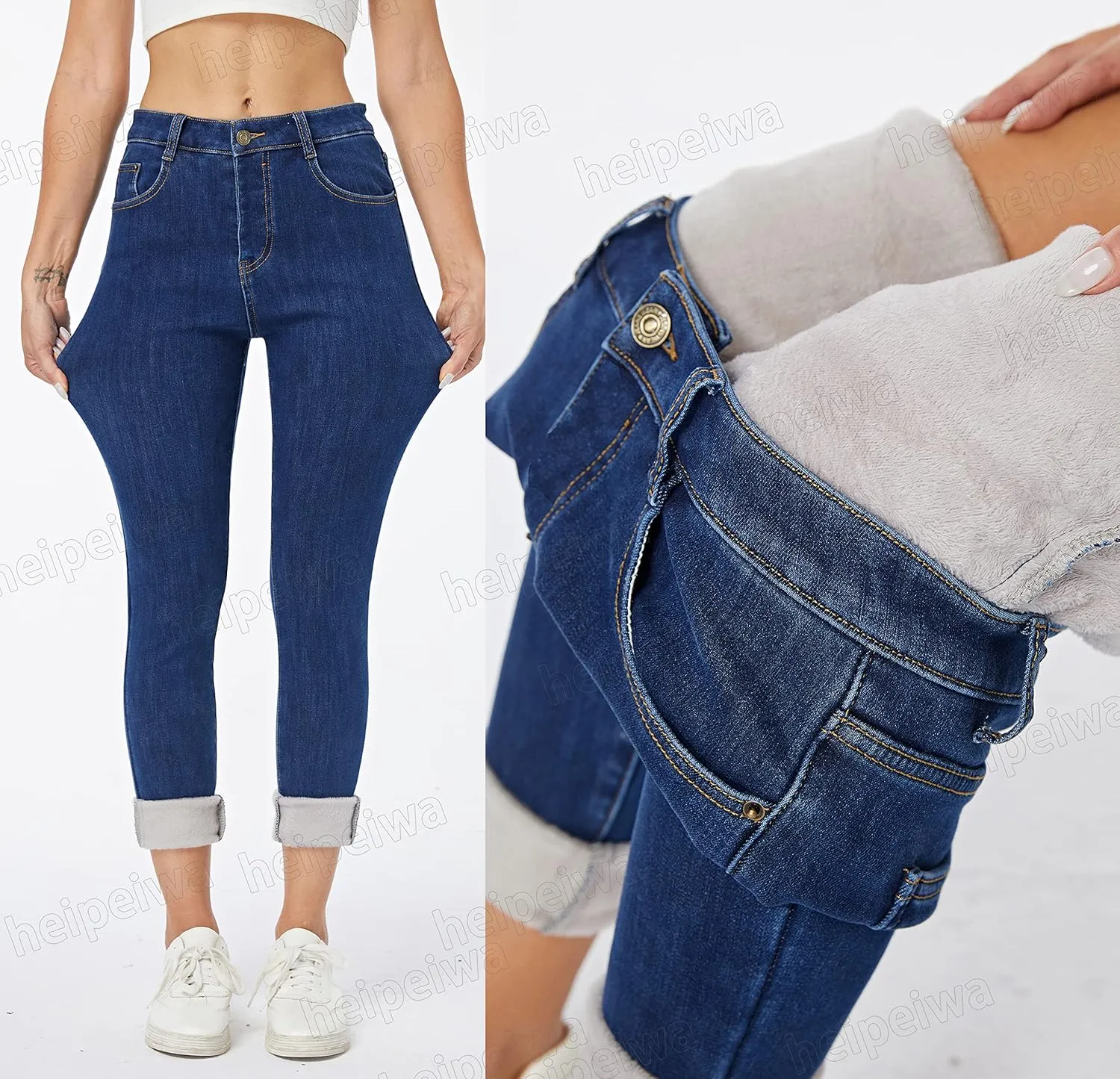 heipeiwa Women's Winter Jeans Fleece Lined Jeans Thermal Thick Skinny Denim Pants Slim Stretch Warm Jeggings