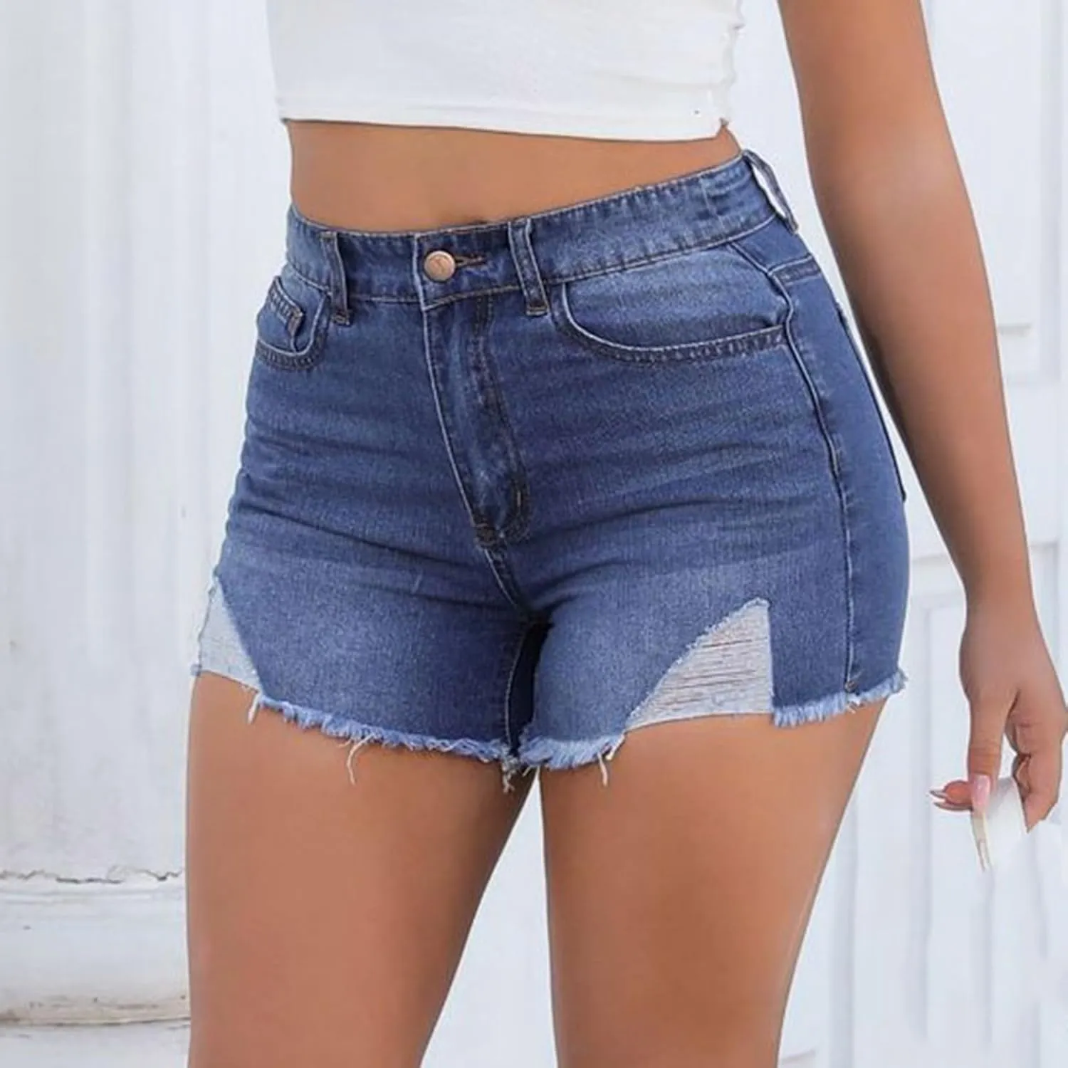 High Waisted Curvy Jeans Shorts For Women Frayed Raw Hem Distressed Ripped Hot Shorts Trendy Pull On Denim Shorts