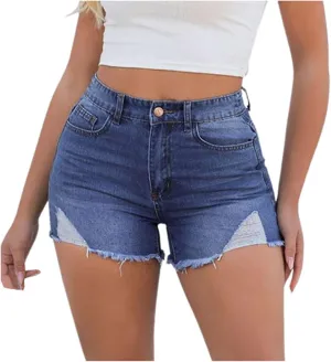 High Waisted Curvy Jeans Shorts For Women Frayed Raw Hem Distressed Ripped Hot Shorts Trendy Pull On Denim Shorts