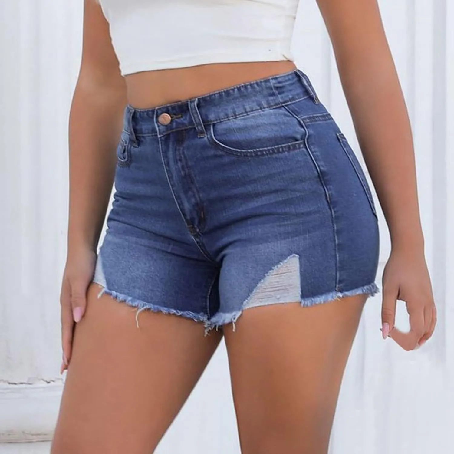 High Waisted Curvy Jeans Shorts For Women Frayed Raw Hem Distressed Ripped Hot Shorts Trendy Pull On Denim Shorts