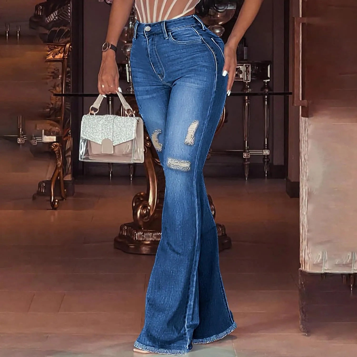 High Waisted Flare Jeans for Women Stretchy Raw Hem Ripped Jeans with Pockets Bootcut Distressed Denim Pants