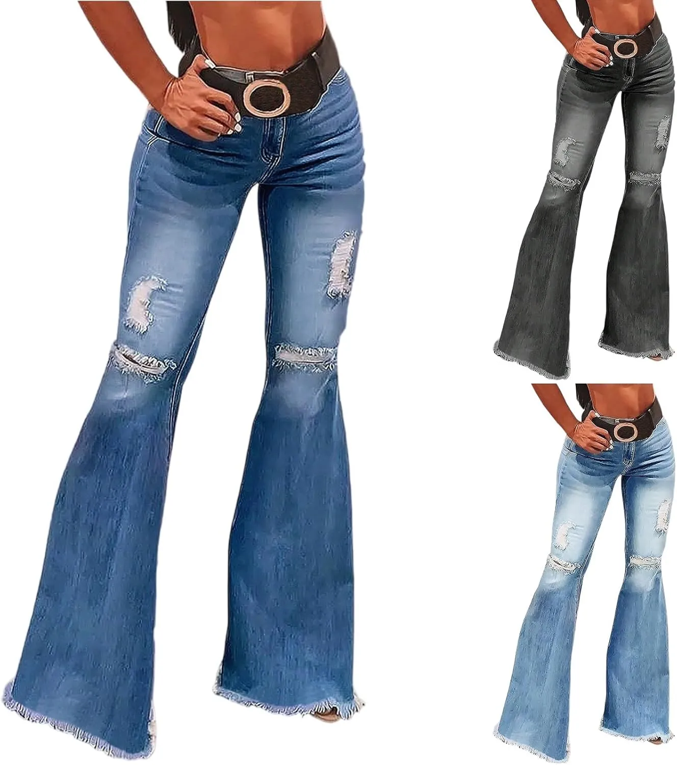 High Waisted Flare Jeans for Women Stretchy Raw Hem Ripped Jeans with Pockets Bootcut Distressed Denim Pants