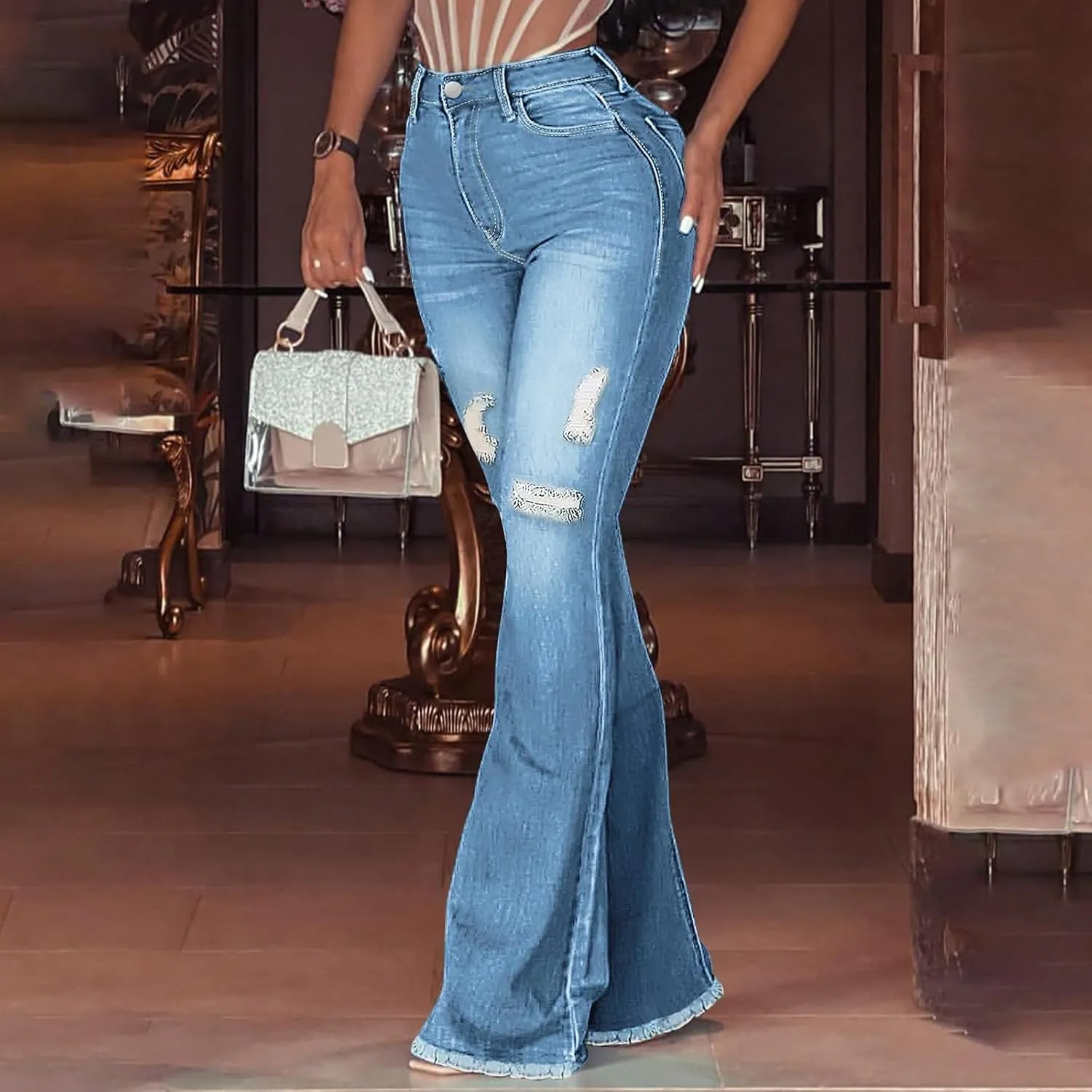 High Waisted Flare Jeans for Women Stretchy Raw Hem Ripped Jeans with Pockets Bootcut Distressed Denim Pants