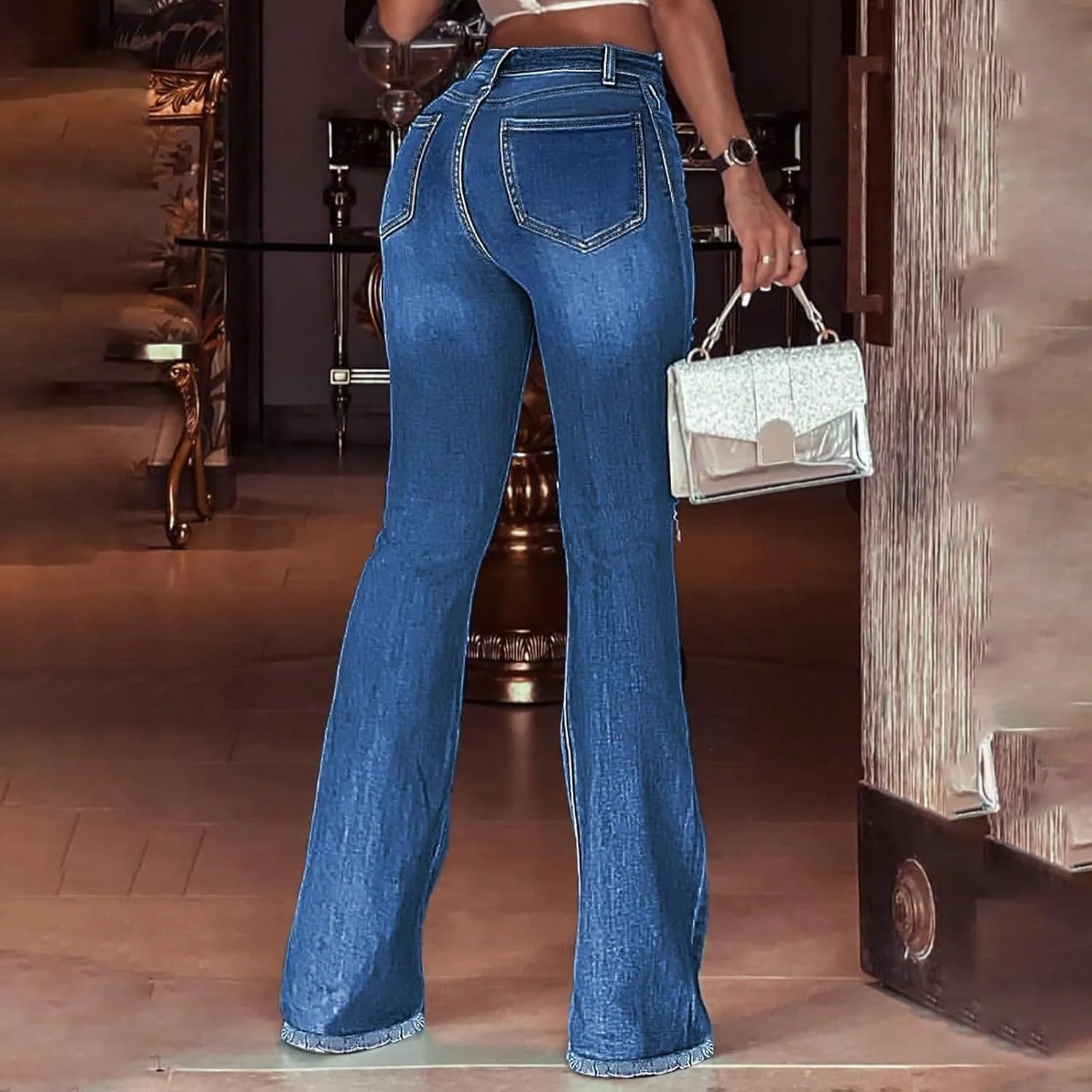 High Waisted Flare Jeans for Women Stretchy Raw Hem Ripped Jeans with Pockets Bootcut Distressed Denim Pants