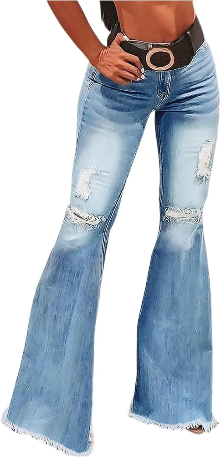 High Waisted Flare Jeans for Women Stretchy Raw Hem Ripped Jeans with Pockets Bootcut Distressed Denim Pants