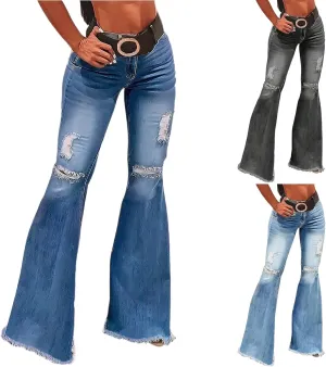 High Waisted Flare Jeans for Women Stretchy Raw Hem Ripped Jeans with Pockets Bootcut Distressed Denim Pants