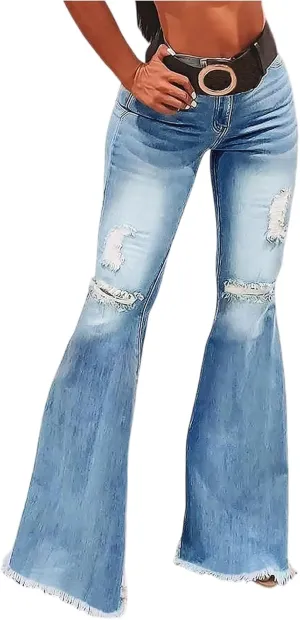 High Waisted Flare Jeans for Women Stretchy Raw Hem Ripped Jeans with Pockets Bootcut Distressed Denim Pants