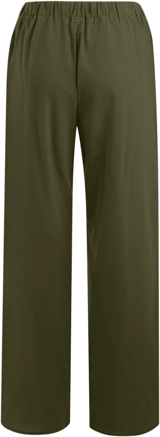 hlysgo Women's Summer Drawstring Waist Wide Leg Casual Pants 2024 Loose Cotton Linen Palazzo Pants Trousers with Pockets