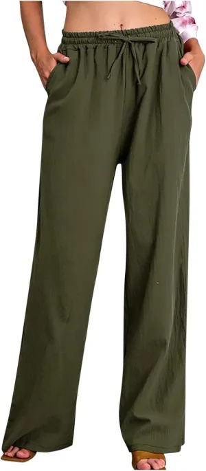 hlysgo Women's Summer Drawstring Waist Wide Leg Casual Pants 2024 Loose Cotton Linen Palazzo Pants Trousers with Pockets