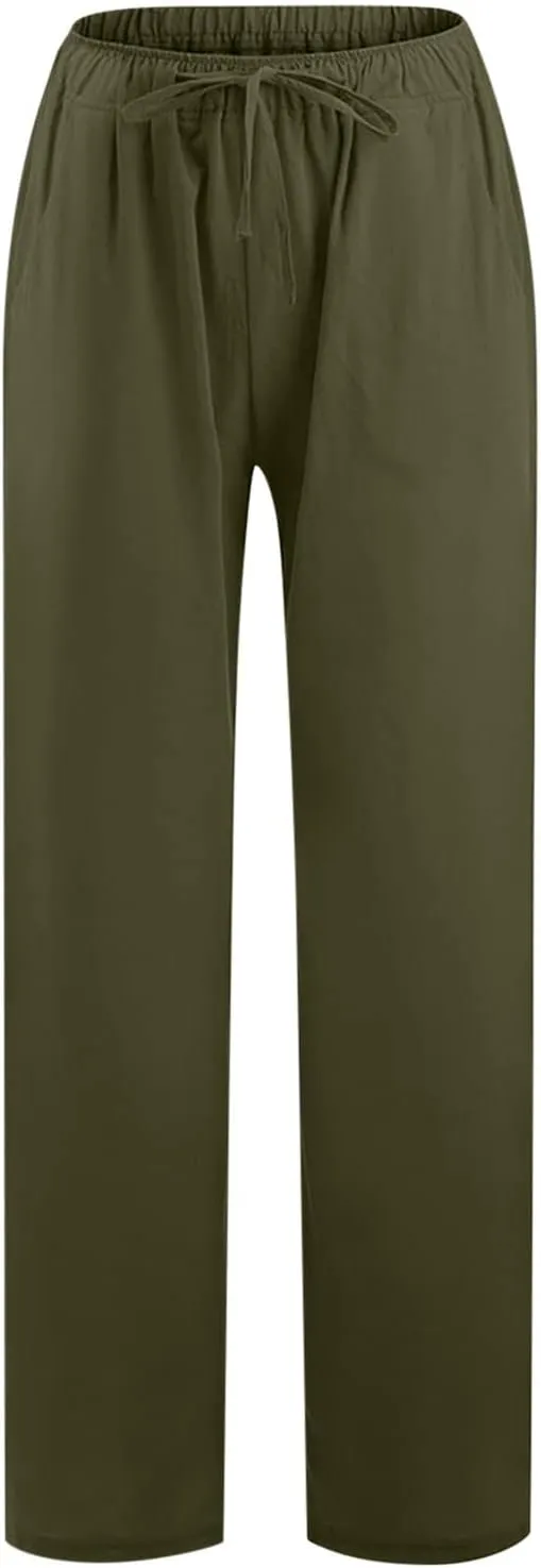 hlysgo Women's Summer Drawstring Waist Wide Leg Casual Pants 2024 Loose Cotton Linen Palazzo Pants Trousers with Pockets