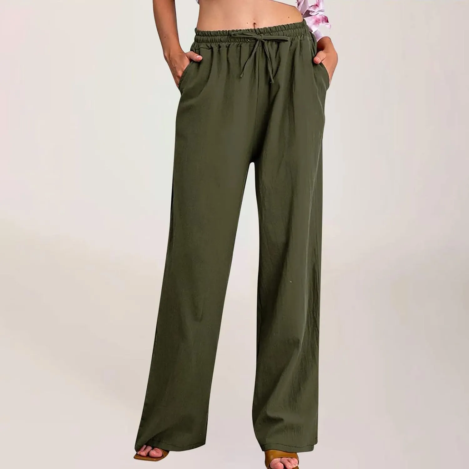 hlysgo Women's Summer Drawstring Waist Wide Leg Casual Pants 2024 Loose Cotton Linen Palazzo Pants Trousers with Pockets