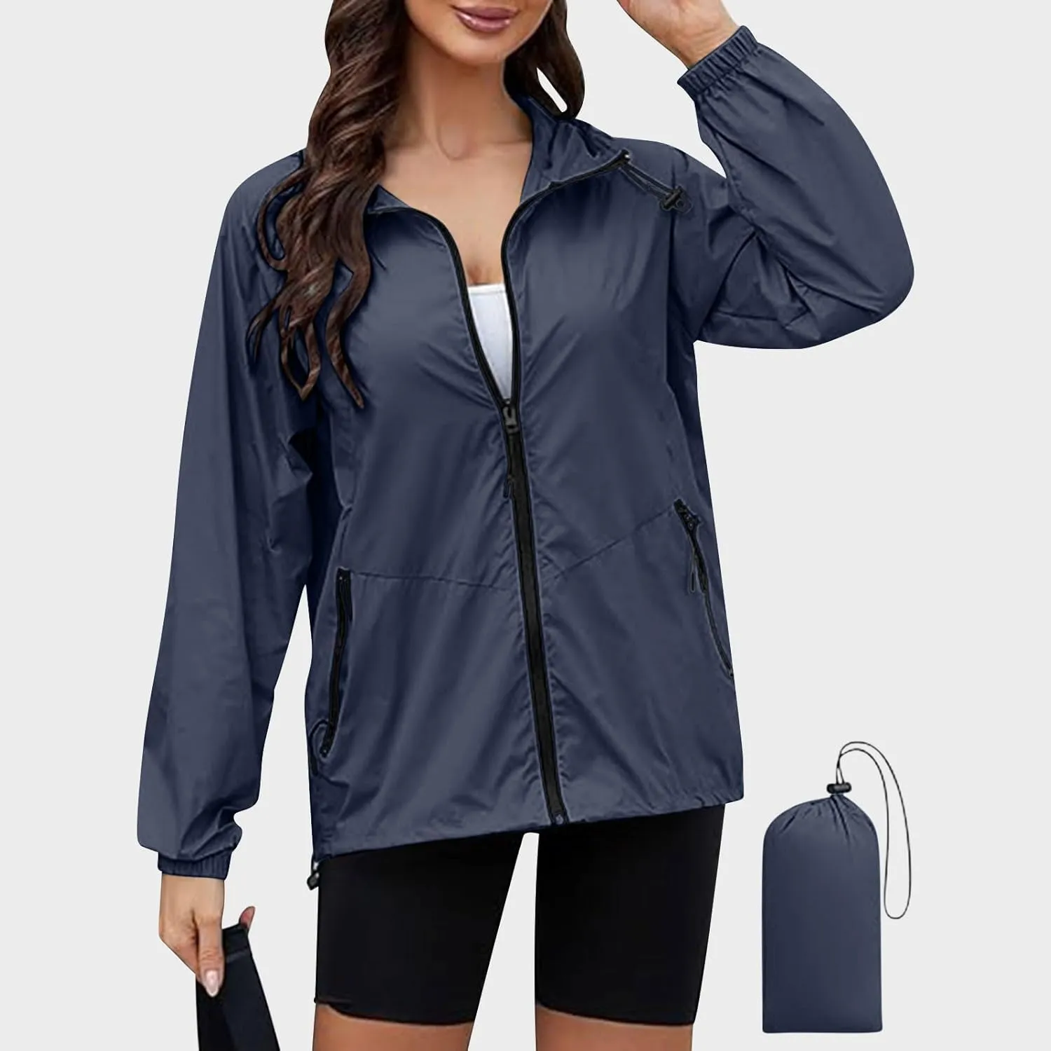 Hooded Rain Jacket for Women Lightweight Waterproof Windbreaker Jacket Packable Rain Coats with Pockets