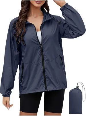 Hooded Rain Jacket for Women Lightweight Waterproof Windbreaker Jacket Packable Rain Coats with Pockets