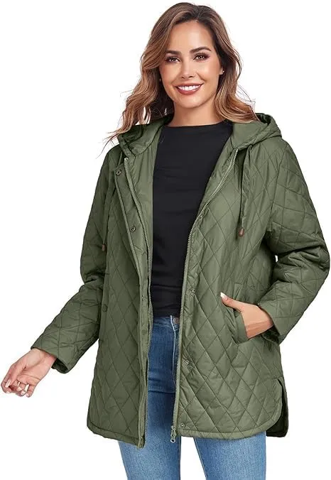 HOTIAN Quilted Jacket for Women Long Puffer Coat Lightweight Hooded Winter Padded Down Jacket Outerwear Coats