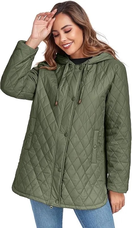HOTIAN Quilted Jacket for Women Long Puffer Coat Lightweight Hooded Winter Padded Down Jacket Outerwear Coats