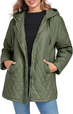 HOTIAN Quilted Jacket for Women Long Puffer Coat Lightweight Hooded Winter Padded Down Jacket Outerwear Coats
