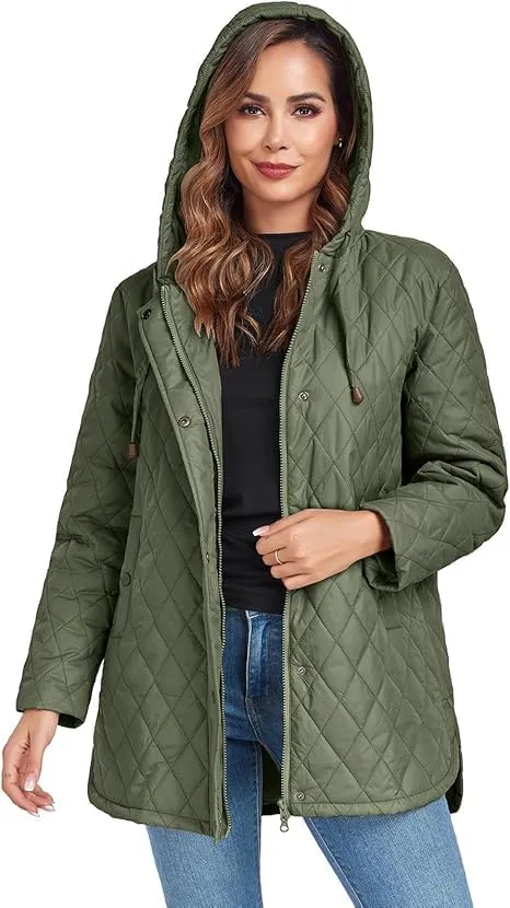 HOTIAN Quilted Jacket for Women Long Puffer Coat Lightweight Hooded Winter Padded Down Jacket Outerwear Coats