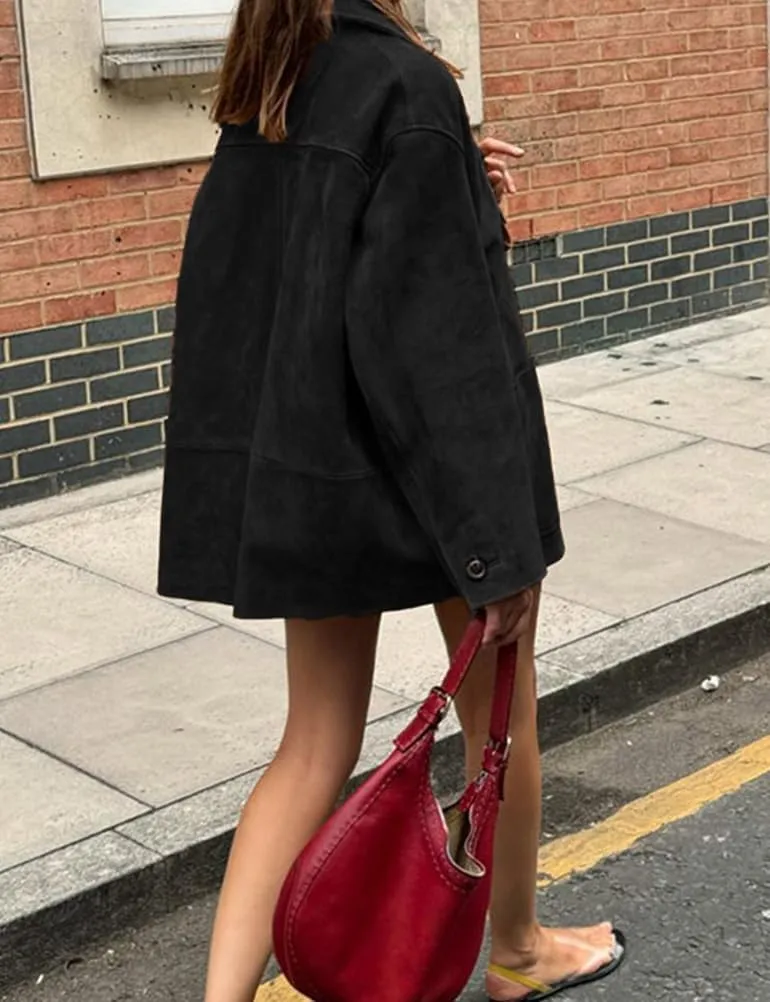 IDEALSANXUN Suede Jacket Women Fall Winter Casual Oversized Faux Leather Blazer Jackets Trench Coat Outerwear