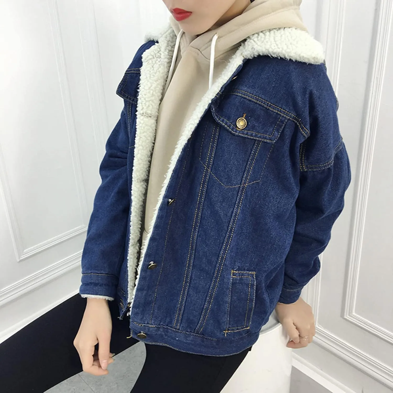 Jean Jacket Women Oversized Denim Jacket Button Down Vintage Trucker Jacket Cropped Jacket Distressed Utility Winter Outwear