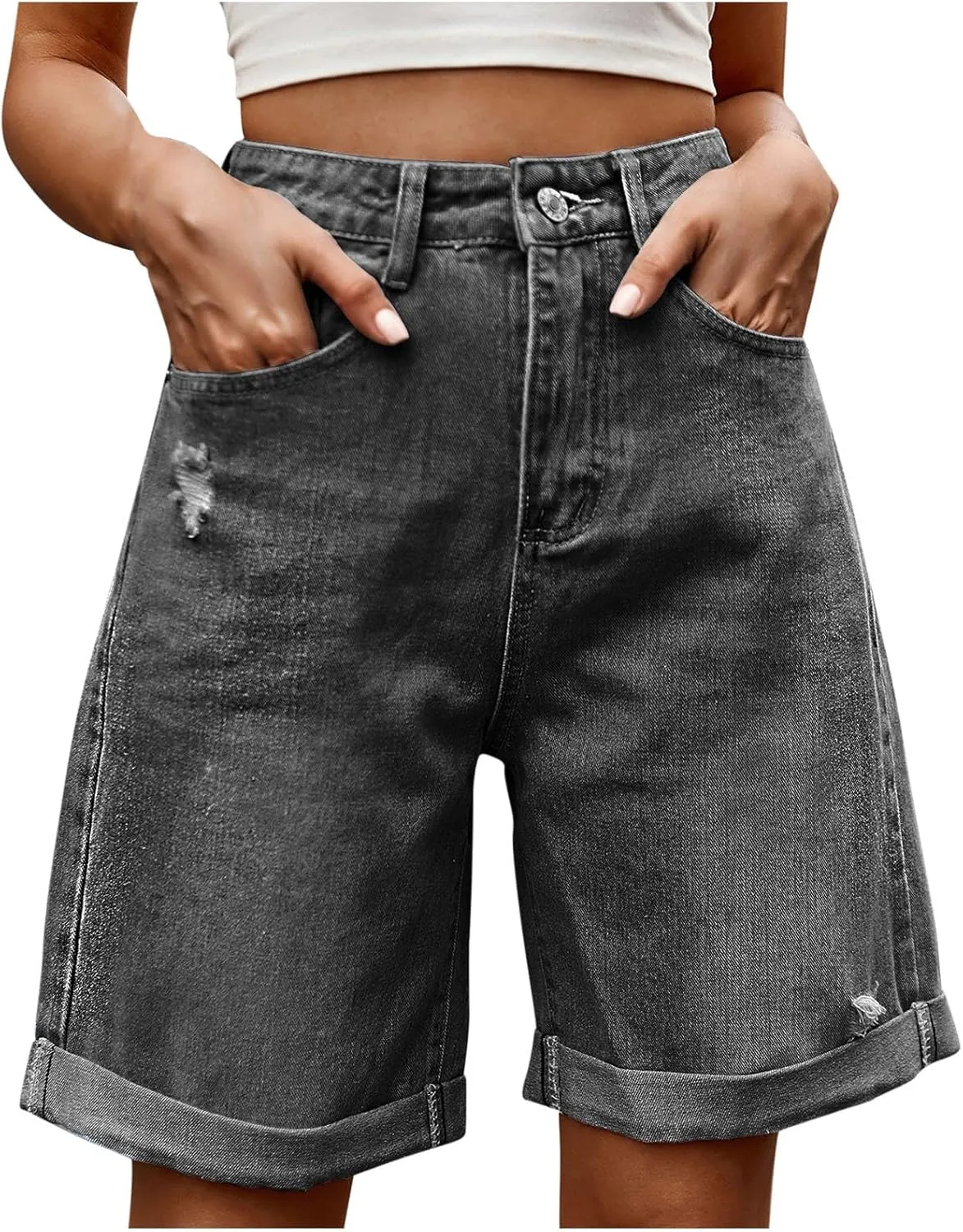 Jean Shorts for Women High Waisted Denim Shorts with Pockets Fashion Ripped Distressed Loose Comfy Jeans Short