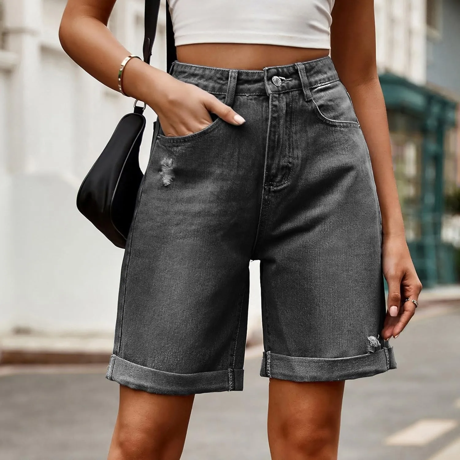 Jean Shorts for Women High Waisted Denim Shorts with Pockets Fashion Ripped Distressed Loose Comfy Jeans Short