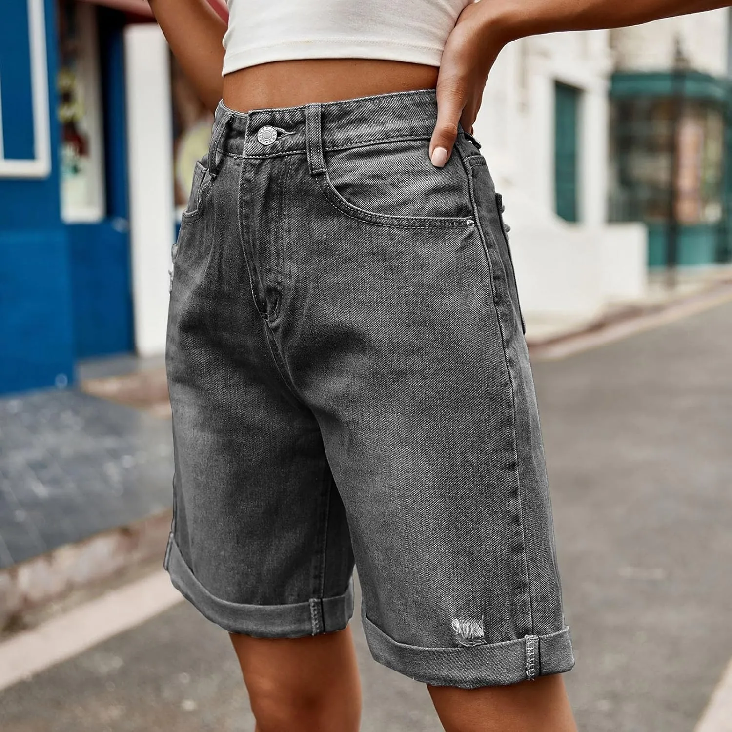 Jean Shorts for Women High Waisted Denim Shorts with Pockets Fashion Ripped Distressed Loose Comfy Jeans Short