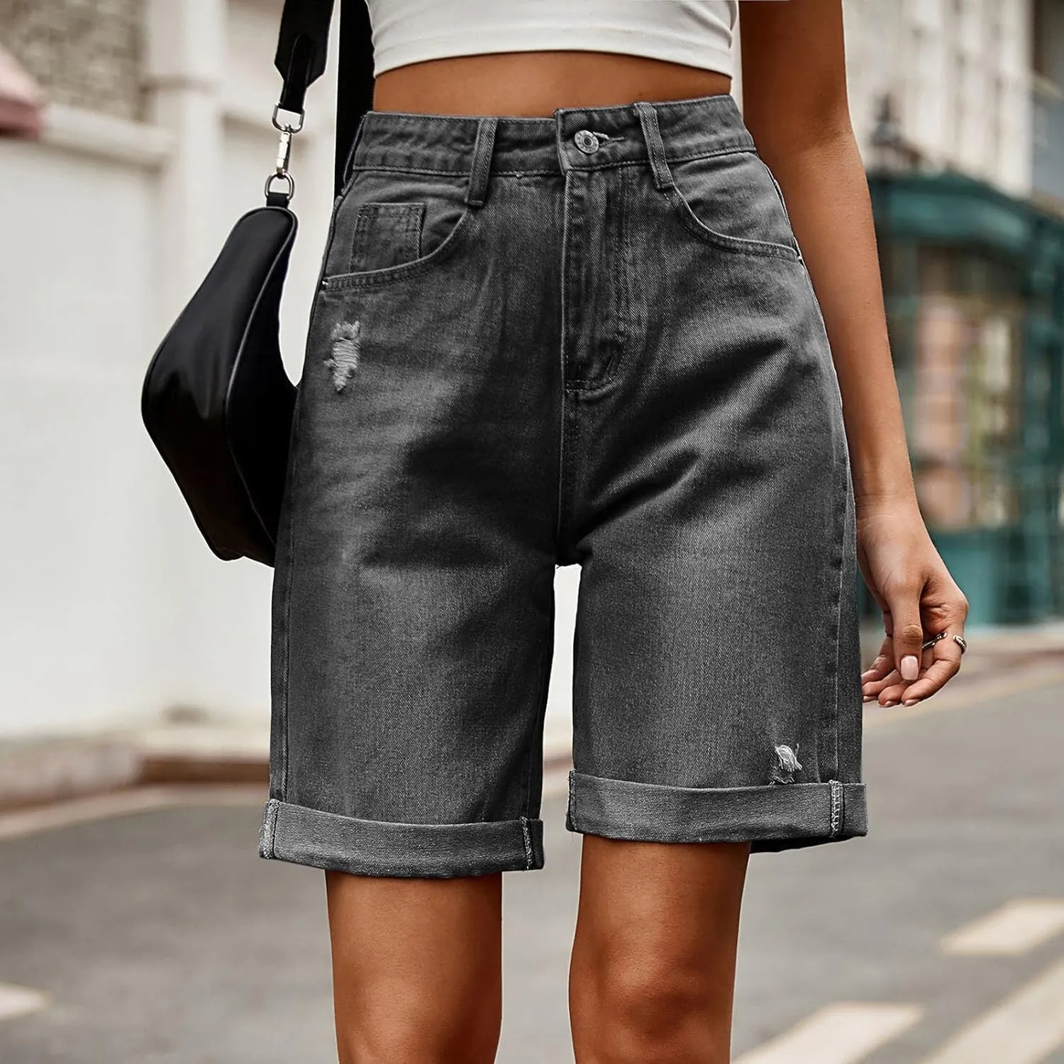Jean Shorts for Women High Waisted Denim Shorts with Pockets Fashion Ripped Distressed Loose Comfy Jeans Short