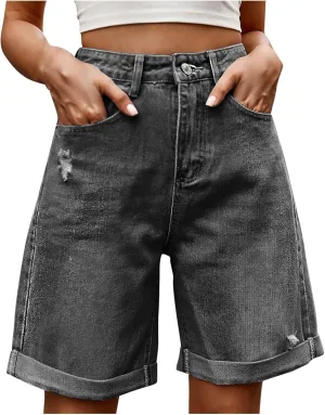Jean Shorts for Women High Waisted Denim Shorts with Pockets Fashion Ripped Distressed Loose Comfy Jeans Short