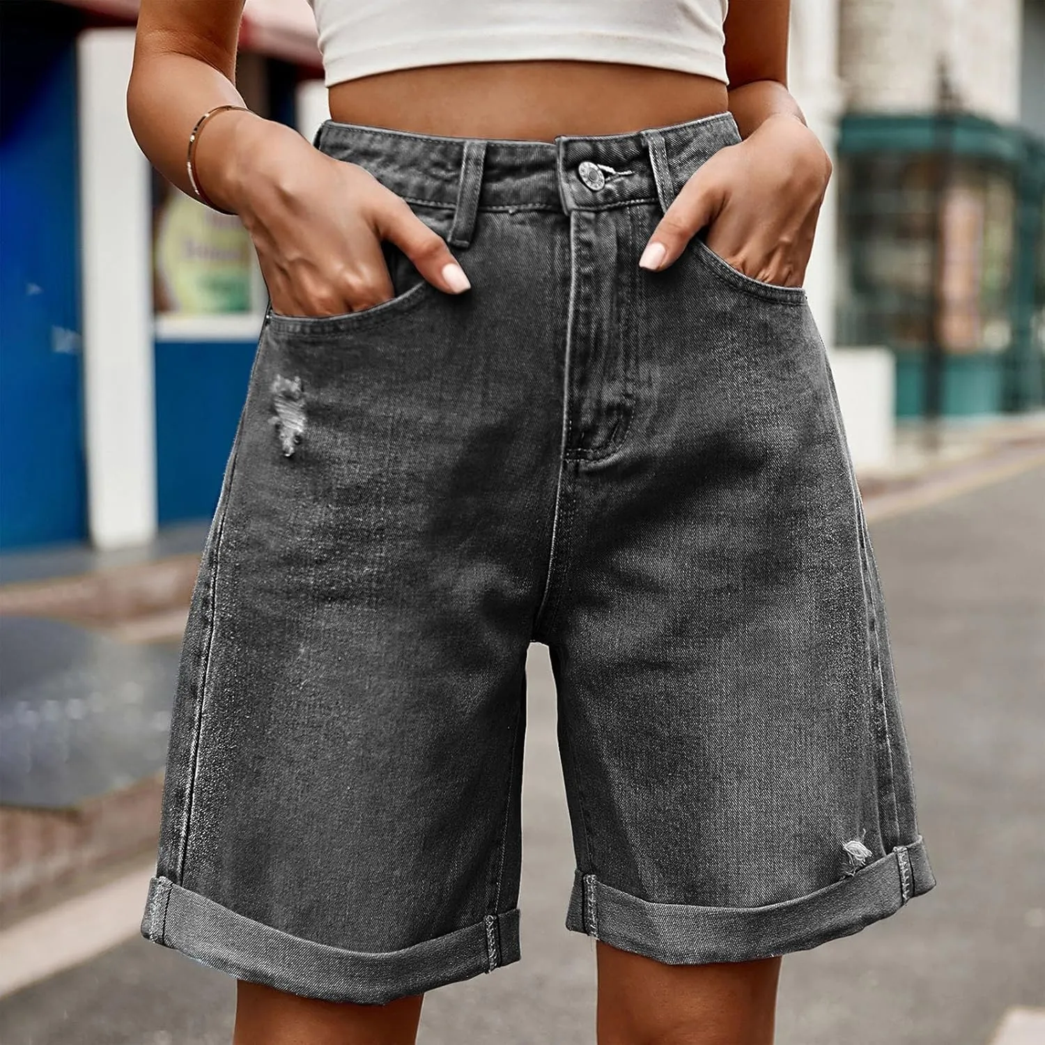 Jean Shorts for Women High Waisted Denim Shorts with Pockets Fashion Ripped Distressed Loose Comfy Jeans Short
