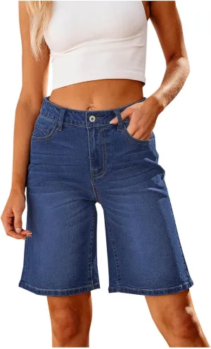 Jean Shorts Womens Casual 2024 High Waisted Wide Leg Shorts with Pockets Solid Color Knee Length Bermuda Shorts
