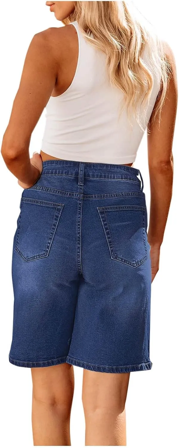 Jean Shorts Womens Casual 2024 High Waisted Wide Leg Shorts with Pockets Solid Color Knee Length Bermuda Shorts
