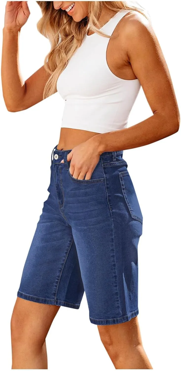 Jean Shorts Womens Casual 2024 High Waisted Wide Leg Shorts with Pockets Solid Color Knee Length Bermuda Shorts