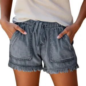 Jeans Shorts Women High Elastic Waisted Stretchy Fringed Denim Shorts Classic Fit Baggy Drawstring Summer Casual Jorts