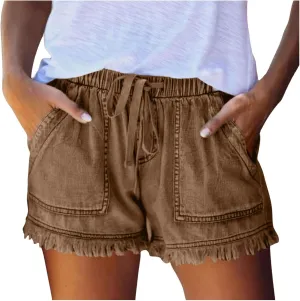 Jeans Shorts Women High Elastic Waisted Stretchy Fringed Denim Shorts Classic Fit Baggy Drawstring Summer Casual Jorts
