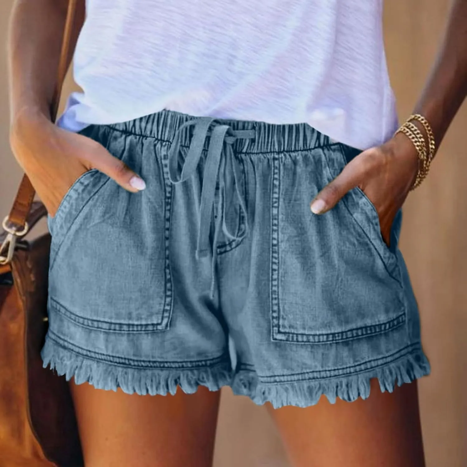 Jeans Shorts Women High Elastic Waisted Stretchy Fringed Denim Shorts Classic Fit Baggy Drawstring Summer Casual Jorts