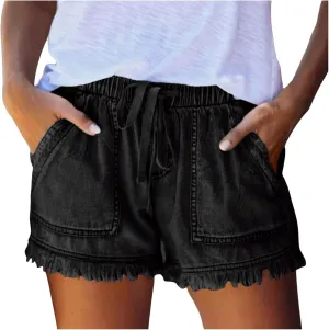 Jeans Shorts Women High Elastic Waisted Stretchy Fringed Denim Shorts Classic Fit Baggy Drawstring Summer Casual Jorts