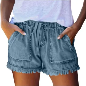 Jeans Shorts Women High Elastic Waisted Stretchy Fringed Denim Shorts Classic Fit Baggy Drawstring Summer Casual Jorts